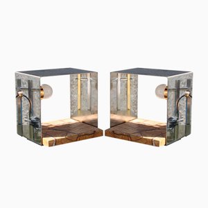 Minimalist Cube Table Lamps in Brass, Steel & Marble, Italy, 1970s, Set of 2-EH-1407420