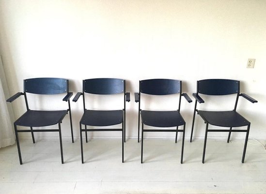 Minimalist Metal and Plywood Stackable Armchairs by Gijs Van Der Sluis, Set of 4-LL-1356767