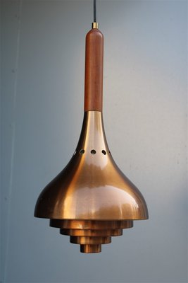 Minimalist Sculptural Copper, Wood, and Brass Ceiling Lamp from Lumi Milano, 1950s-EH-734150