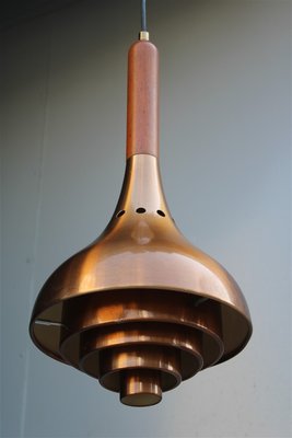 Minimalist Sculptural Copper, Wood, and Brass Ceiling Lamp from Lumi Milano, 1950s-EH-734150