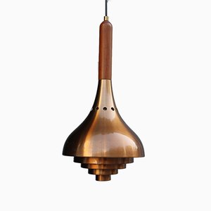 Minimalist Sculptural Copper, Wood, and Brass Ceiling Lamp from Lumi Milano, 1950s-EH-734150