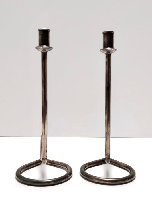 Minimalist Silver Plated Metal Candleholders attributed to Lino Sabattini, 1990s, Set of 2