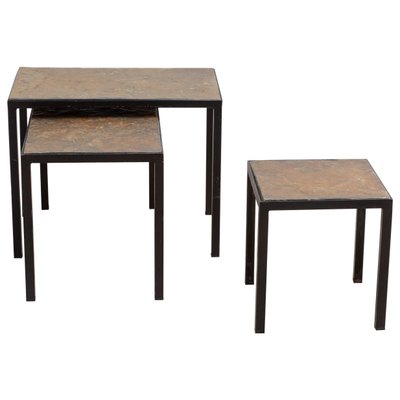 Minimalist Slate Stone and Metal Nesting Tables, Set of 3-KL-876390