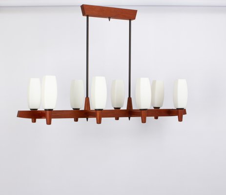 Minimalist Teak and Opal Glass Chandelier attributed to Kaiser, Germany, 1960s-UGR-1735710