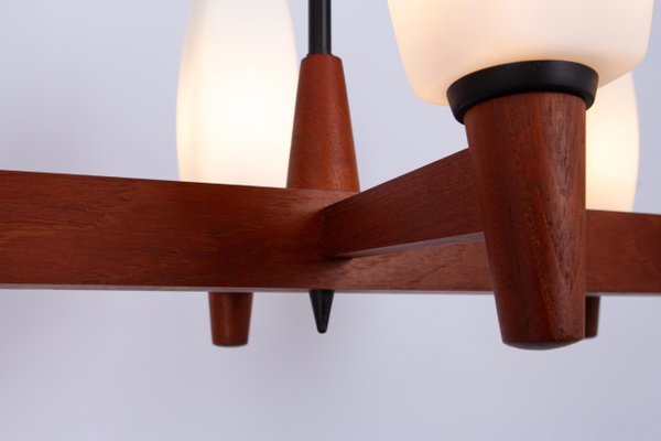 Minimalist Teak and Opal Glass Chandelier attributed to Kaiser, Germany, 1960s-UGR-1735710