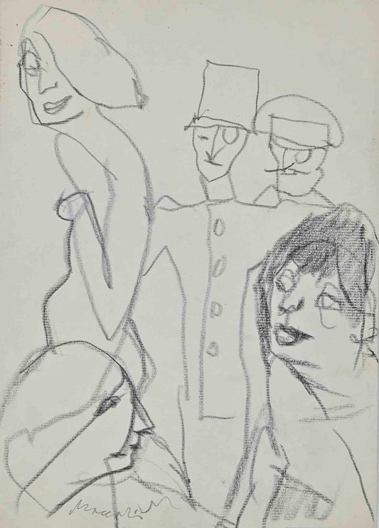 Mino Maccari, Admiration, Charcoal Drawing, 1980