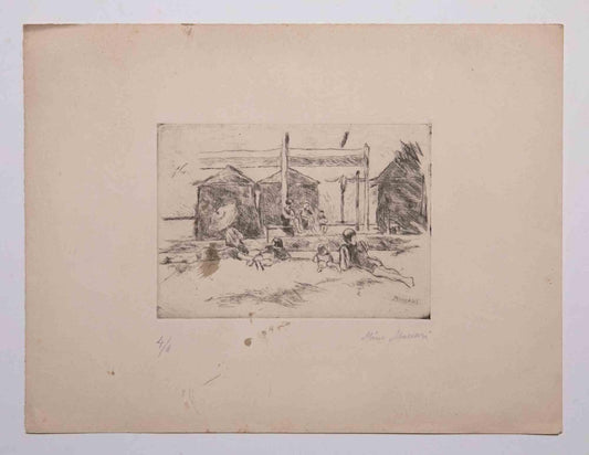 Mino Maccari, At the Beach, Drypoint and Etching, Mid-20th Century