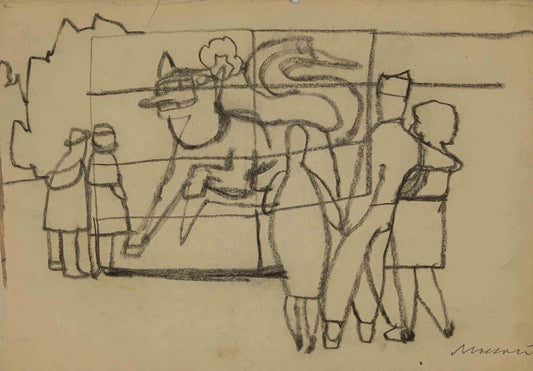 Mino Maccari, At the Zoo, Charcoal Drawing, Mid 20th Century