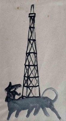 Mino Maccari, Barking at Tower, Drawing in Tempera, Mid-20th Century-ZCI-1378413