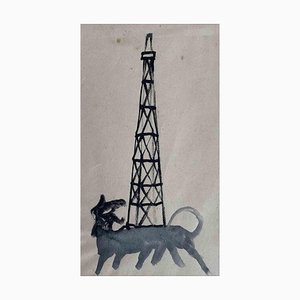 Mino Maccari, Barking at Tower, Drawing in Tempera, Mid-20th Century-ZCI-1378413