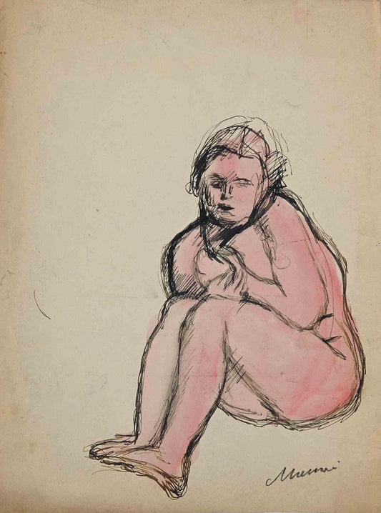 Mino Maccari, Crouched Nude, Drawing, Mid 20th Century