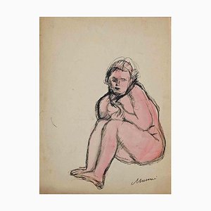 Mino Maccari, Crouched Nude, Drawing, Mid 20th Century-ZCI-1781619