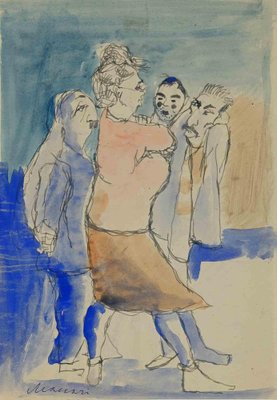 Mino Maccari, Family Consultation, Watercolor & Ink, Mid 20th Century-ZCI-1761901