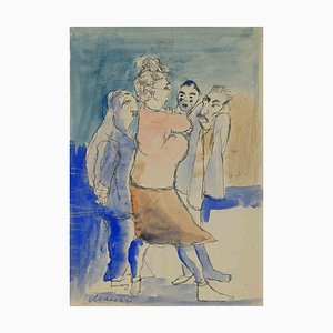 Mino Maccari, Family Consultation, Watercolor & Ink, Mid 20th Century-ZCI-1761901