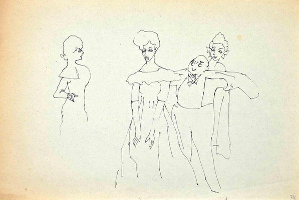 Mino Maccari, Gallant and Ladies, Pen Drawing, Mid-20th Century-ZCI-1407723