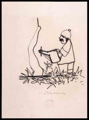 Mino Maccari, Gardener, Charcoal Drawing, 1970-ZCI-2029557