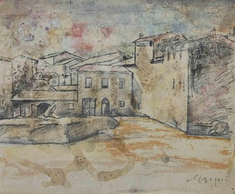 Mino Maccari, Landscape, Charcoal and Watercolor, 1940s-ZCI-1781621