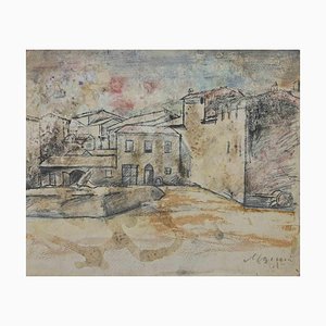 Mino Maccari, Landscape, Charcoal and Watercolor, 1940s-ZCI-1781621