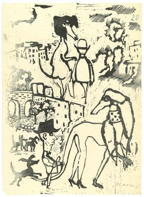 Mino Maccari, Men and Dogs, Woodcut, Mid 20th Century-ZCI-1775927