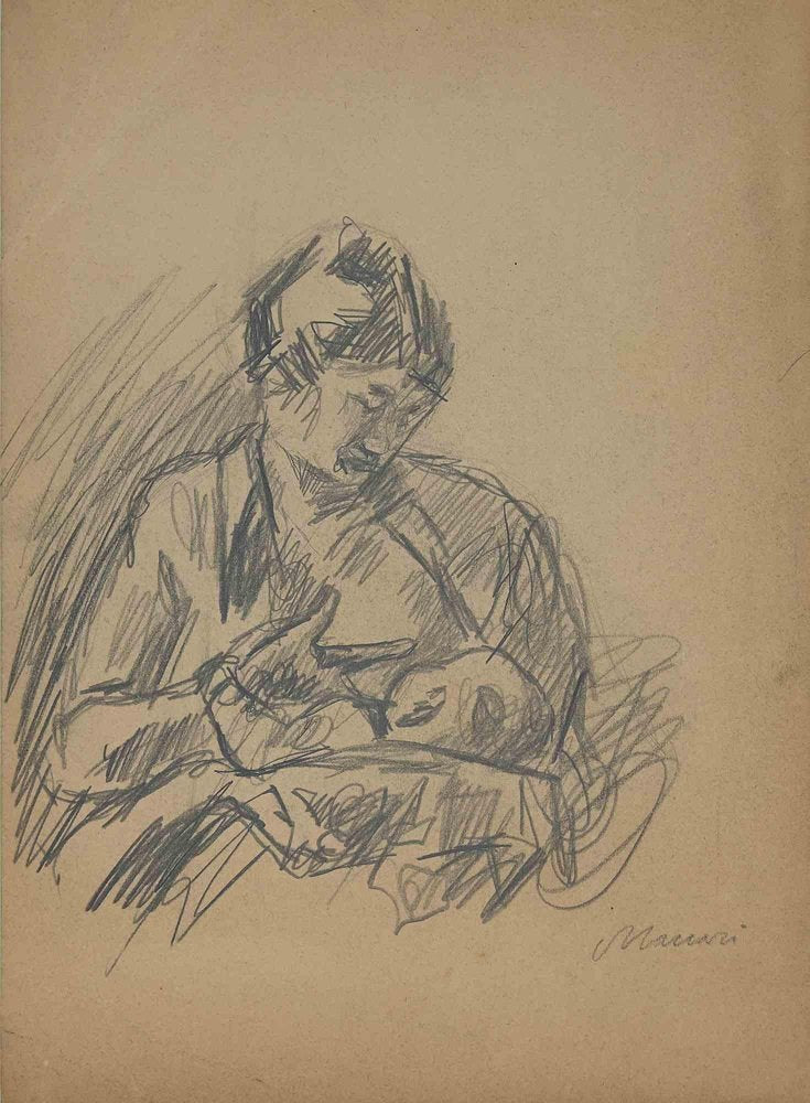 Mino Maccari, Mother and Child, Drawing, Mid 20th Century