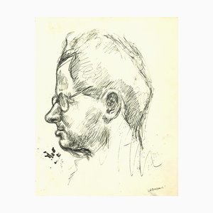 Mino Maccari, Portrait of Man with Glasses, Original Pen Drawing, 1960s-ZCI-1378985