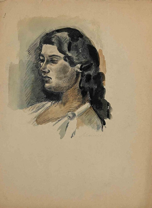 Mino Maccari, Portrait of Woman, Drawing, Mid 20th Century