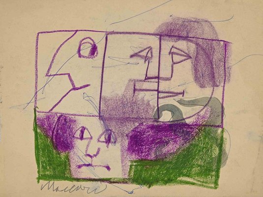 Mino Maccari, Profiles, Original Oil Pastel Drawing, Mid-20th Century-ZCI-1162960