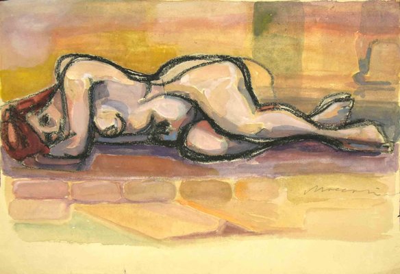 Mino Maccari, Reclined Nude, Charcoal & Watercolor, Mid 20th Century-ZCI-1761904