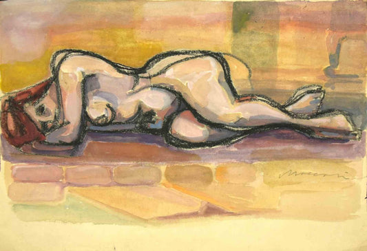 Mino Maccari, Reclined Nude, Charcoal & Watercolor, Mid 20th Century