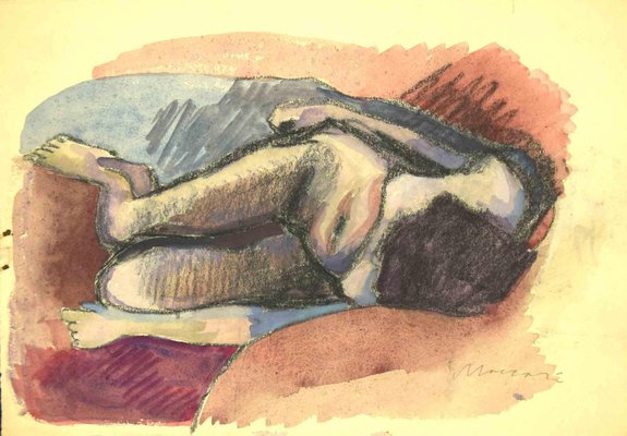 Mino Maccari, Reclined Nude, Charcoal & Watercolor, Mid 20th Century-ZCI-1761919