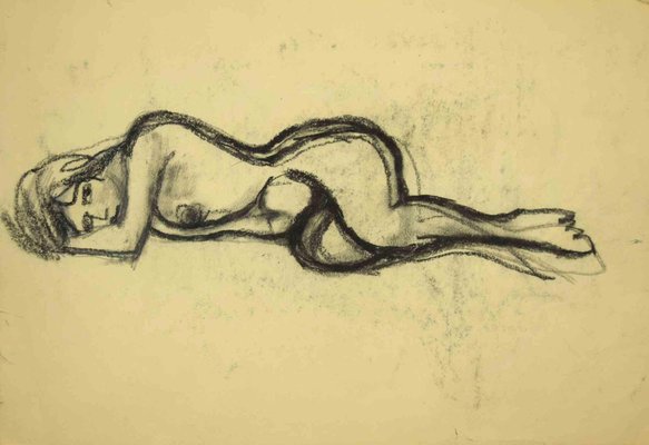 Mino Maccari, Reclined Nude, Charcoal & Watercolor, Mid 20th Century-ZCI-1761904