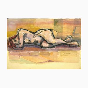 Mino Maccari, Reclined Nude, Charcoal & Watercolor, Mid 20th Century-ZCI-1761904