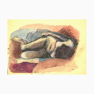 Mino Maccari, Reclined Nude, Charcoal & Watercolor, Mid 20th Century-ZCI-1761919