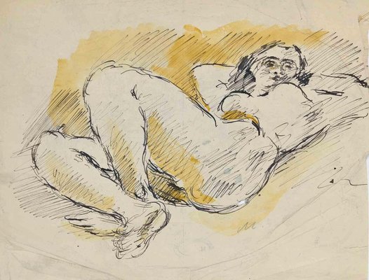 Mino Maccari, Reclined Nude, China Ink and Watercolor, Mid 20th Century-ZCI-1781622