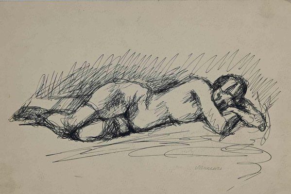 Mino Maccari, Reclined Nude, Pen Drawing, Mid 20th Century-ZCI-1761985