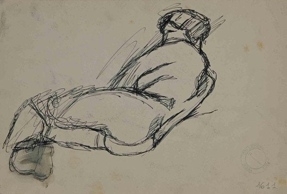 Mino Maccari, Reclined Nude, Pen Drawing, Mid 20th Century-ZCI-1761985