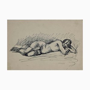 Mino Maccari, Reclined Nude, Pen Drawing, Mid 20th Century-ZCI-1761985