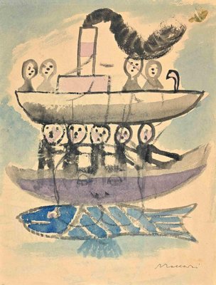 Mino Maccari, The Fish Boat, Watercolor, Mid-20th Century-ZCI-1762292