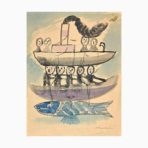 Mino Maccari, The Fish Boat, Watercolor, Mid-20th Century-ZCI-1762292