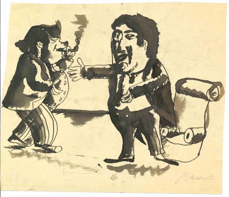 Mino Maccari, The Men in Discussion, Original Drawing, Mid-20th-Century-ZCI-1250815