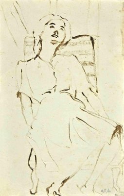 Mino Maccari, The Seated Woman, Ink Drawing, Mid-20th Century-ZCI-1762303