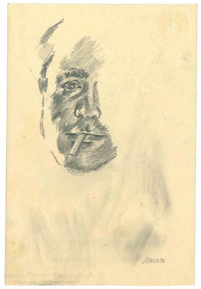 Mino Maccari, The Smoking Man, Pencil Drawing, 1950s