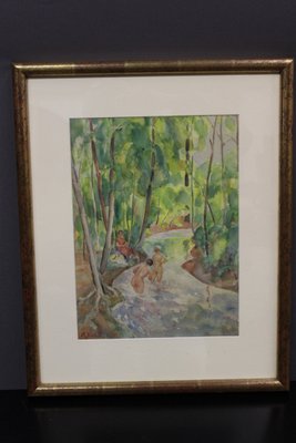 Miron Duda, Women at the River, Early 20th Century, Watercolor, Framed-BCR-1138898