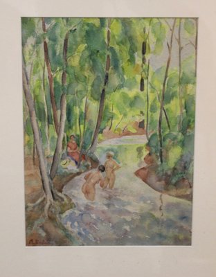 Miron Duda, Women at the River, Early 20th Century, Watercolor, Framed-BCR-1138898