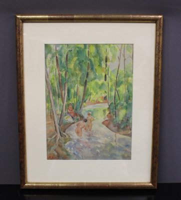 Miron Duda, Women at the River, Early 20th Century, Watercolor, Framed-BCR-1138898