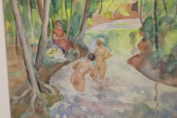 Miron Duda, Women at the River, Early 20th Century, Watercolor, Framed-BCR-1138898