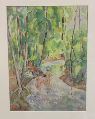 Miron Duda, Women at the River, Early 20th Century, Watercolor, Framed-BCR-1138898