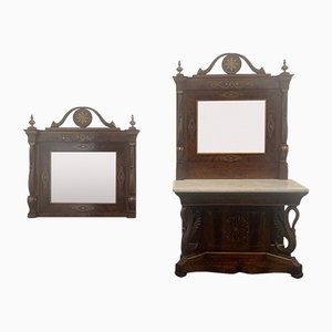 Mirror Console and Fireplace with Brass Inlays and Small Parts, Set of 3-IJR-1219678