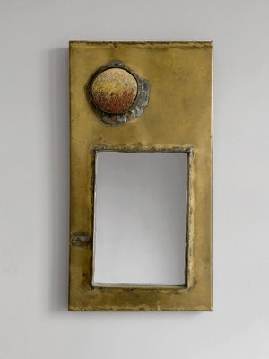 Mirror Mural in Bronze or Patinated Brass with Ceramic Inserts attributed to Jean Péillaud, France, 1970s-NLF-1719201