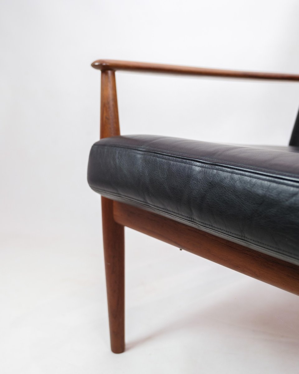 Model 118 Armchair in Teak and Black Leather by Grete Jalk, 1960s